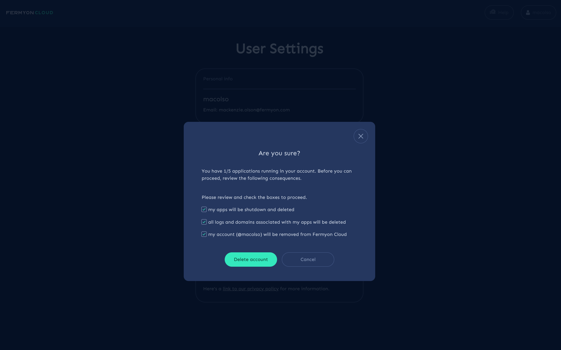 User settings view